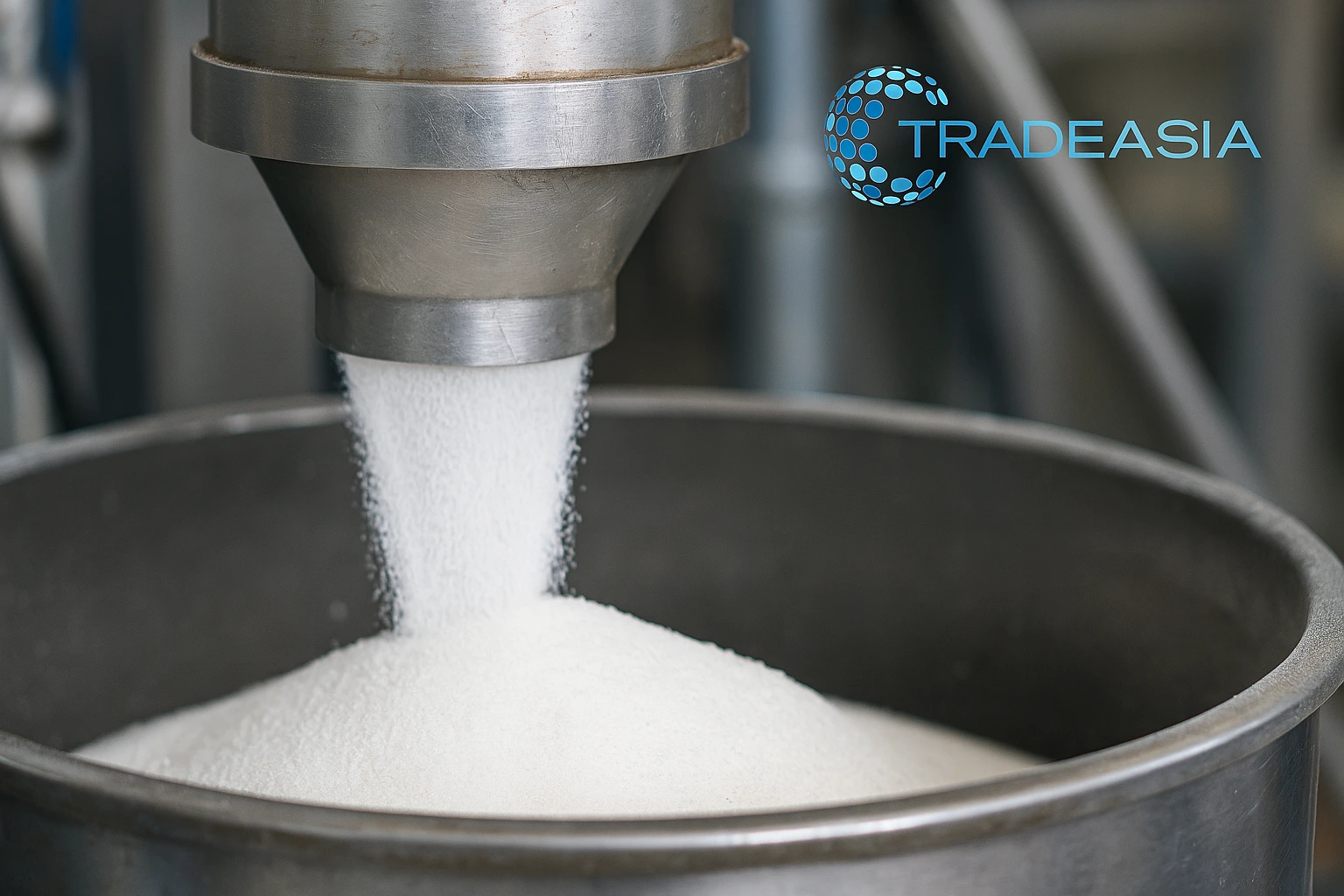 High-resolution digital photograph of soda ash light used in the pulp and paper industry, featuring industrial processing equipment in the background and the Tradeasia logo subtly embedded in the design
