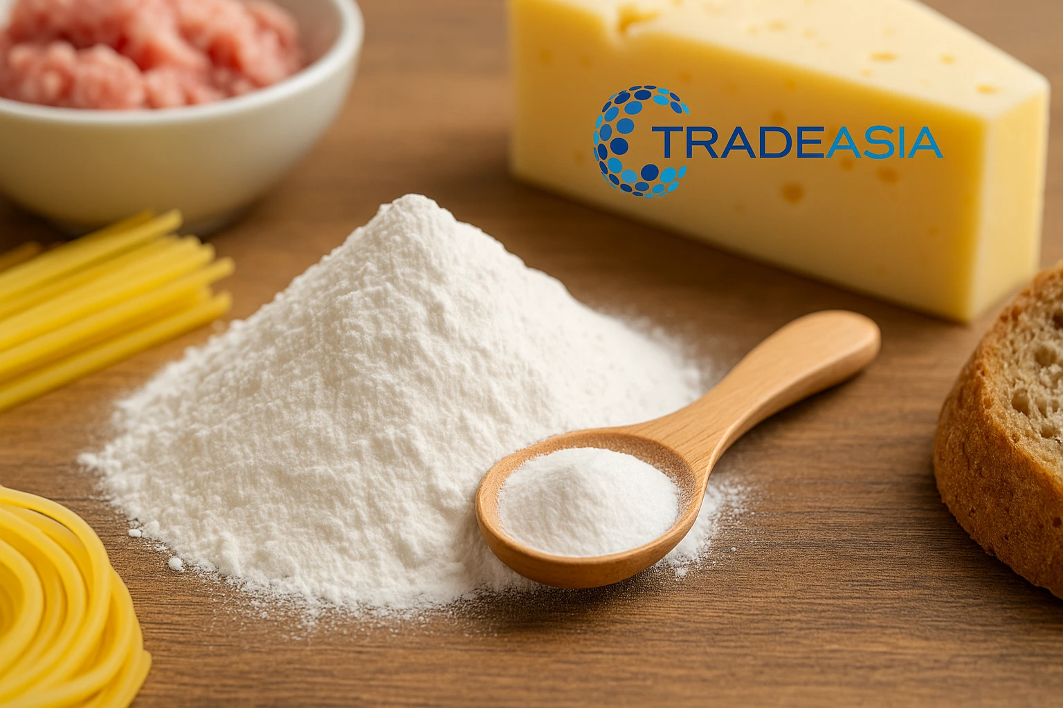 High-resolution digital image showing food-grade soda ash light in a clean food processing environment, with the Tradeasia logo subtly included in the design