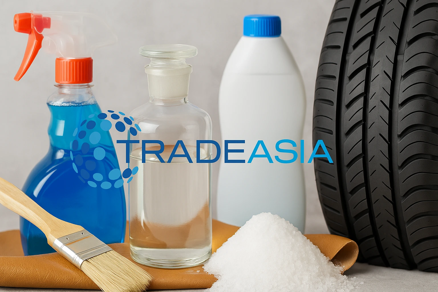High-resolution digital photograph displays an assortment of everyday products such as a cleaning spray, laboratory bottle, detergent container, granular chemical, and a car tire—highlighting common formic acid applications, with Tradeasia’s logo centrall