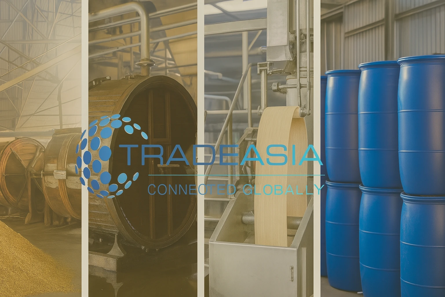 A composite banner image featuring four sectors—livestock farming, leather tanning, textile dyeing, and chemical storage—with the Tradeasia logo overlaid, representing the industrial demand for formic acid in 2025.