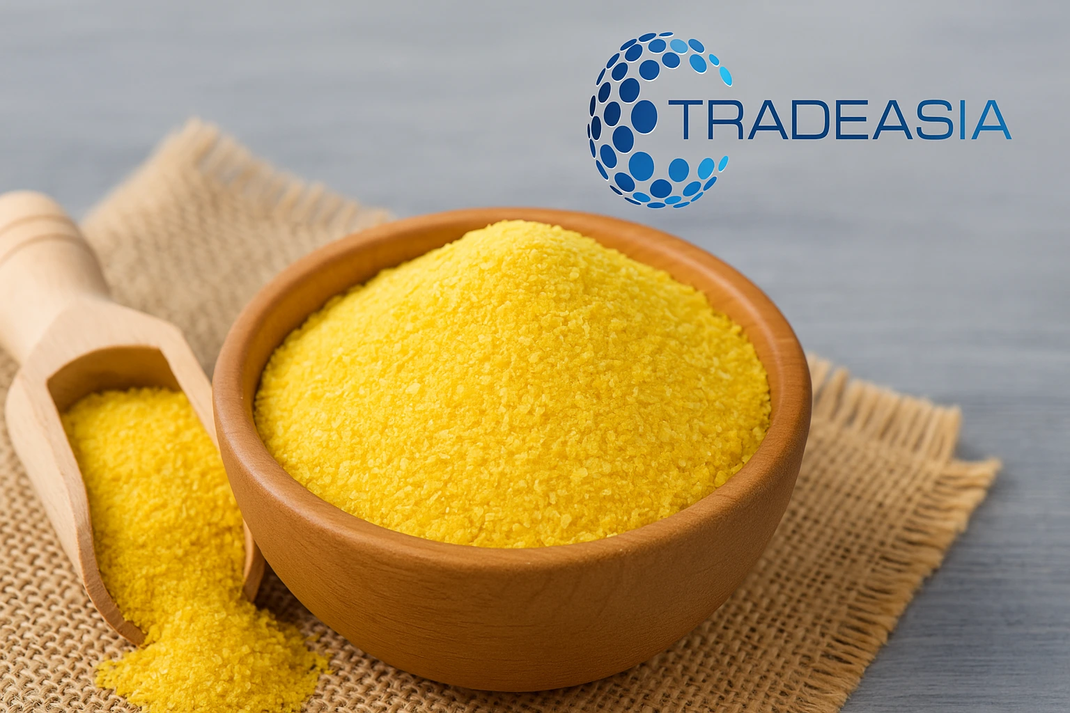 High-resolution image showing a wooden scoop filled with vibrant yellow corn gluten meal powder, surrounded by burlap sacks and feed trays, illustrating its role in the poultry feed industry—styled to match Tradeasia branding