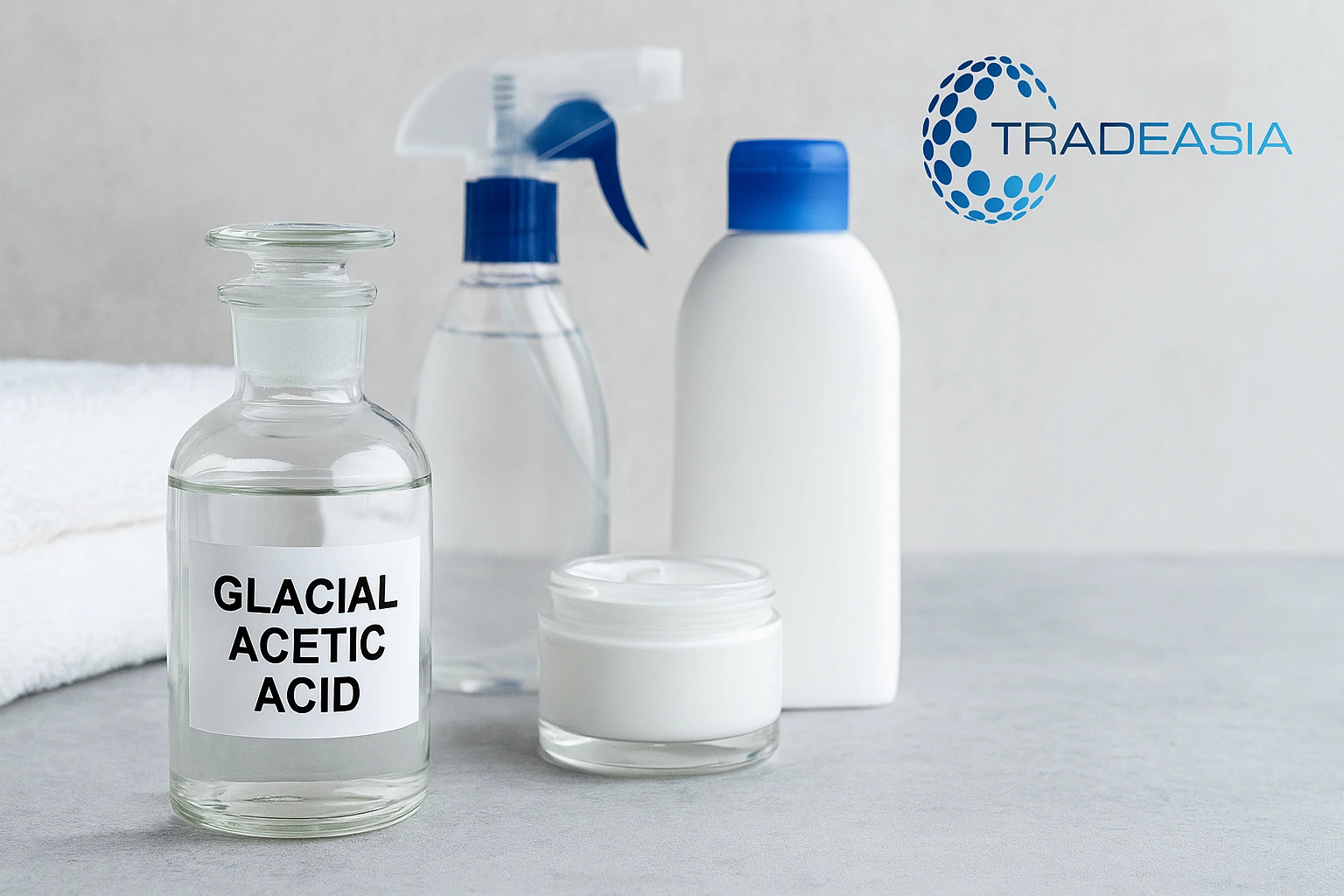 High-resolution image of a clear glass bottle filled with glacial acetic acid, placed on a laboratory surface with chemical tools in the background, visually representing its industrial and household applications