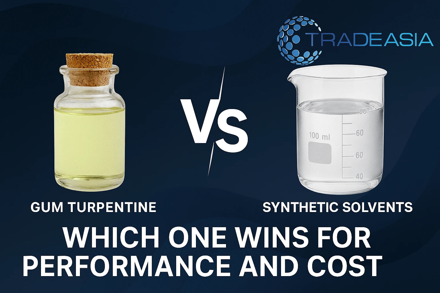 A 2D digital graphic design compares gum turpentine with synthetic solvents, featuring bold white text on a dark blue gradient background with wavy patterns, posing the question “Which One Wins for Performance and Cost?