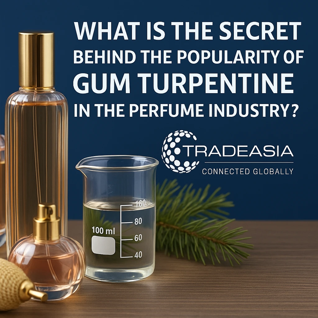 Tradeasia promotional banner showing gum turpentine's role in the perfume industry, featuring elegant perfume bottles, a laboratory beaker with gum turpentine, fresh pine sprigs, and the Tradeasia logo with tagline 'Connected Globally' on a deep blue back
