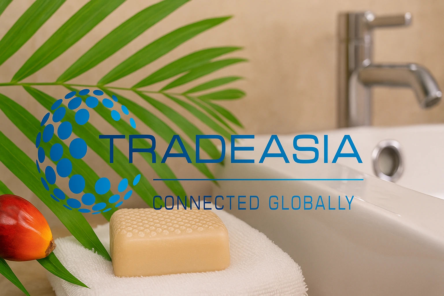 Horizontal banner image showing the journey of palm oil from plantation to bathroom soap products, with lush green palm trees on the left and luxurious soap bars with bubbles on the right, overlaid with the Tradeasia logo in the corner