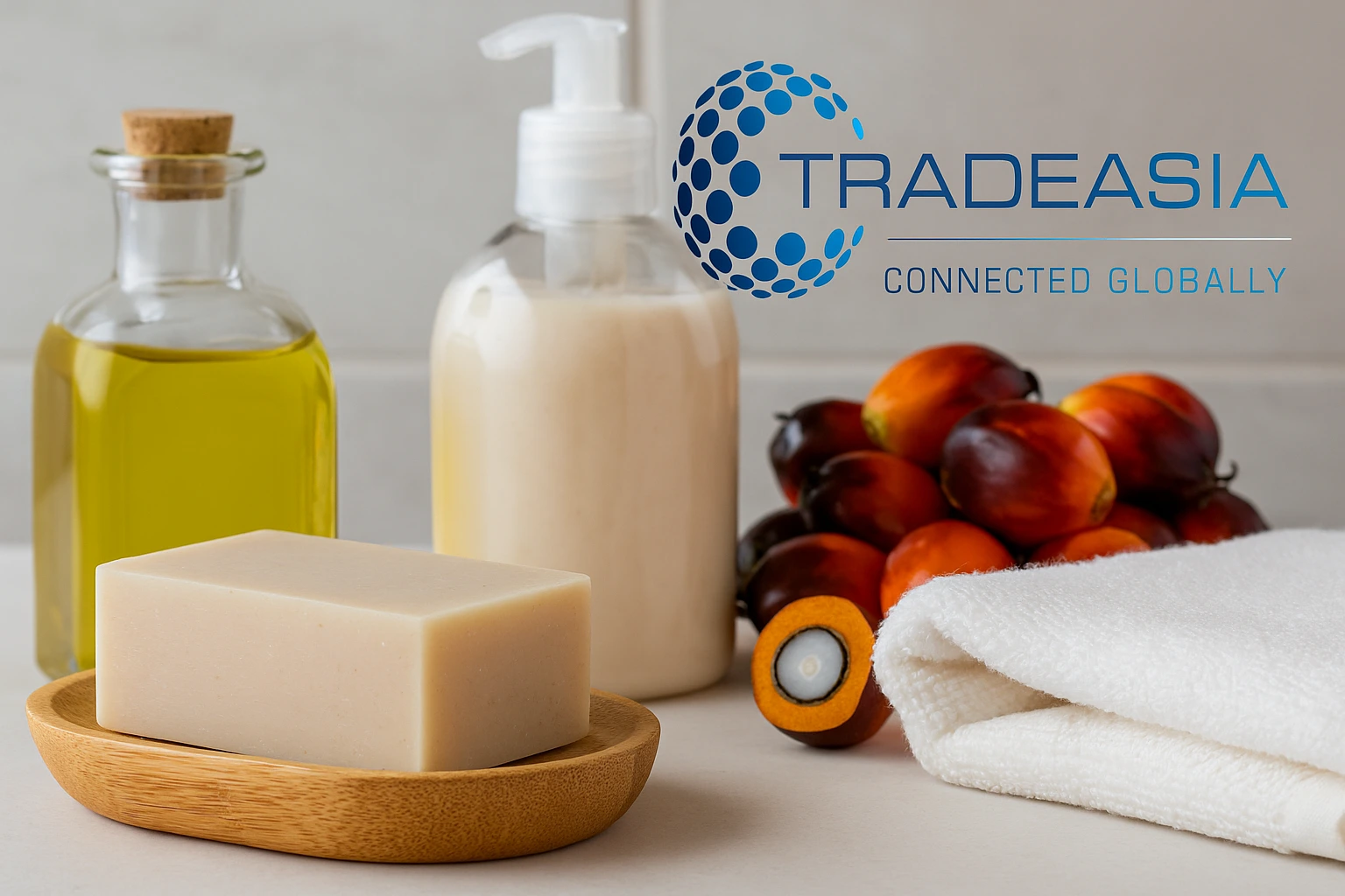 A horizontal banner image showing a bar of beige palm oil soap on a wooden dish, a glass bottle of golden palm oil, a pump bottle of creamy liquid soap, red-orange oil palm fruits, and a folded white towel, with the Tradeasia logo in the corner