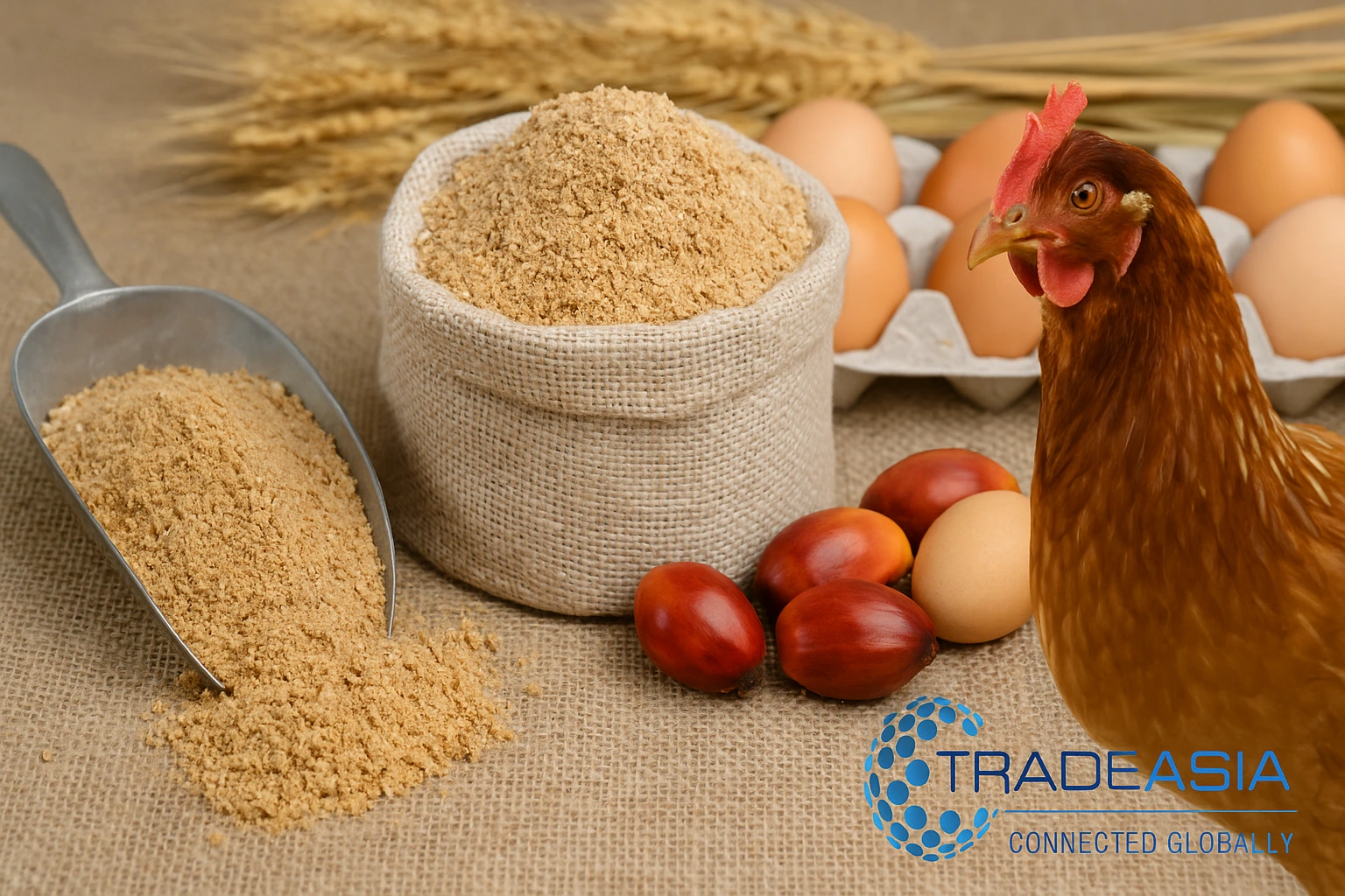 Horizontal banner image showing poultry meal as a key ingredient in the global feed industry, featuring visuals of processed poultry feed, livestock, and grain silos, with the Tradeasia logo in the corner