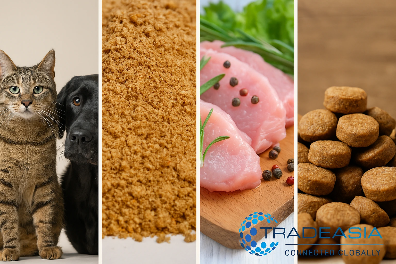 Horizontal digital banner showing high-quality poultry meal in a wooden bowl alongside fresh vegetables and pet food pellets, symbolizing nutrition in pet food formulation, with the Tradeasia logo on the right side
