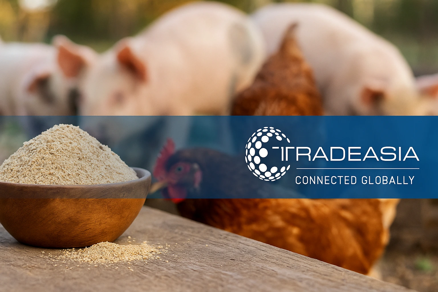A horizontal banner image showing poultry meal in a rustic burlap sack on a wooden table, surrounded by natural feed ingredients, with the Tradeasia logo placed prominently in the corner — symbolizing quality, cost efficiency, and sustainability in livest