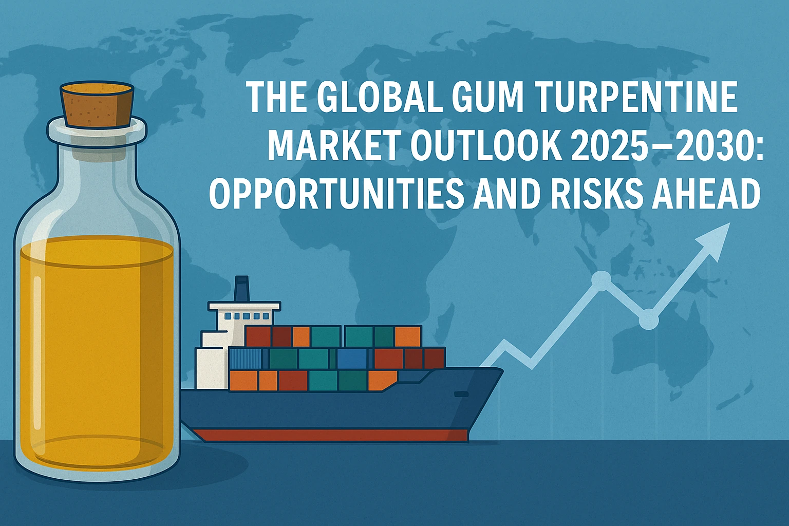Bottle of gum turpentine with cargo ship and rising trade graph on world map background, illustrating global gum turpentine market outlook 2025–2030 with opportunities and risks.